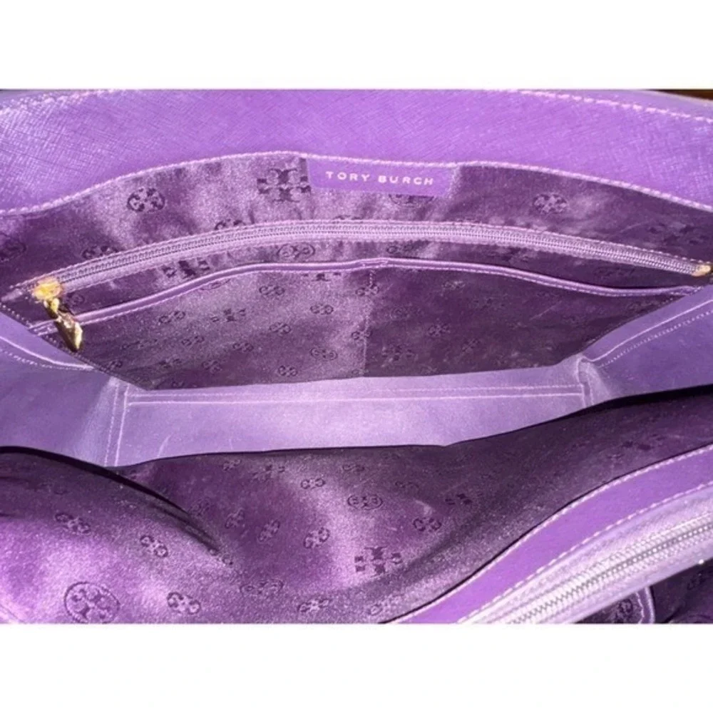 Tory Burch Tote‎ Bag Violet Leather Gold Logo Top Zip Shoulder Bag